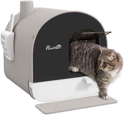 PawHut Large Cat Litter Box with Lid, Enclosed Kitty Litter Box with Slide-Out Tray, Scoop, Filter, Green - PuriLite