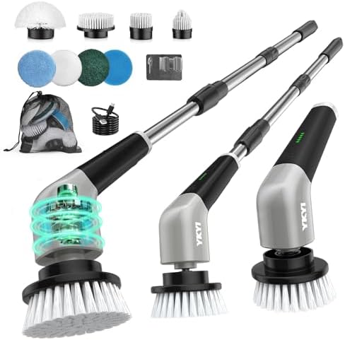YKYI Electric Spin Scrubber,Cordless Electric Cleaning Brush,Shower Scrubber with 8 Replaceable Brush Heads,Power Scrubber 2 Adjustable Speeds,Bathroom Brush with Long Handle for Bathtub,Tile,Floor - PuriLite