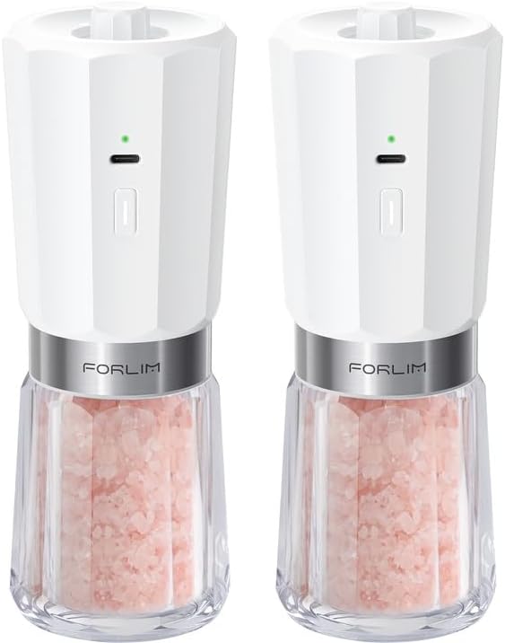 FORLIM 2-Speed Electric Salt and Pepper Grinder Set, 800mAh Rechargeable, Upgraded Auto-Reverse Clean After Stop, Pepper Shakes with White LED, Ceramic Grinding Core, Black & White - PuriLite