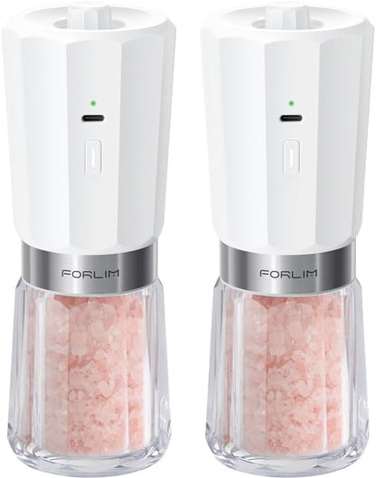 FORLIM 2-Speed Electric Salt and Pepper Grinder Set, 800mAh Rechargeable, Upgraded Auto-Reverse Clean After Stop, Pepper Shakes with White LED, Ceramic Grinding Core, Black & White - PuriLite