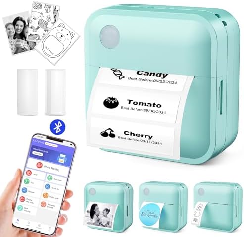 Label Maker Machine with Tape - Thermal Label Printer Bluetooth Label Maker Machine, Mini Printer Sticker Maker for Home, Kitchen, School, Office Organization with 2 Rolls Paper (Green) - PuriLite