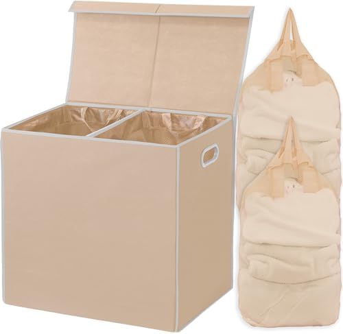 SimpleHouseware Double Laundry Hamper with Lid and Removable Laundry Bags, Beige - PuriLite