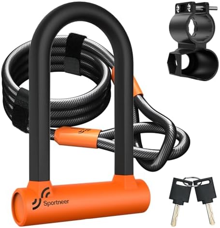 Sportneer Bike Lock: 17mm Heavy Duty Bike U Lock - High-Security Anti-Theft with 12mm x1.5m Steel Cable, 8''x5'' Compact Design, Includes Mounting Bracket for Mountain/Road/Folding/Electric Bikes - PuriLite