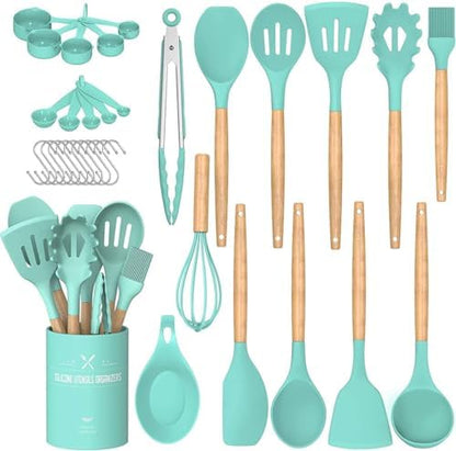 Umite Chef Kitchen Cooking Utensils Set, 33 pcs Non-Stick Silicone Cooking Kitchen Utensils Spatula Set with Holder, Wooden Handle Silicone Kitchen Gadgets Utensil Set (Khaki) - PuriLite