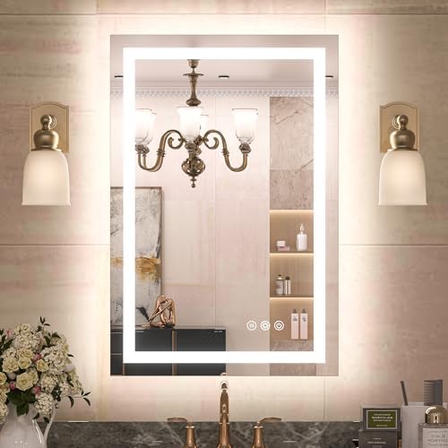 TETOTE LED Bathroom Mirror 20x28 Frontlit & Backlit Lighted Vanity Mirror Anti Fog Stepless Dimmable 3 Colors White/Warm/Natural,Double Lights,Wall-Mounted(Horizontal/Vertical) - PuriLite