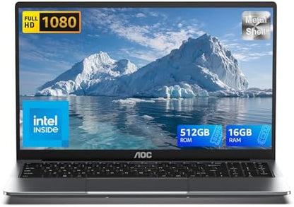 2025 AOC AX15 Laptop, 15.6-inch FHD (1920 x 1080) Display, Intel N97(4C/4T) Processor, 16GB DDR4 RAM, 512GB SSD, Windows 11 Pro, WiFi5, BT5.0, 38Wh Battery - PuriLite