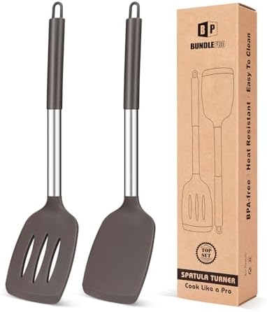 Pack of 2 Silicone Slotted Spatula,Non Stick Solid Kitchen Turner, High Heat Resistant BPA Free Cooking Utensils for Fish, Eggs, Pancakes（Black - PuriLite
