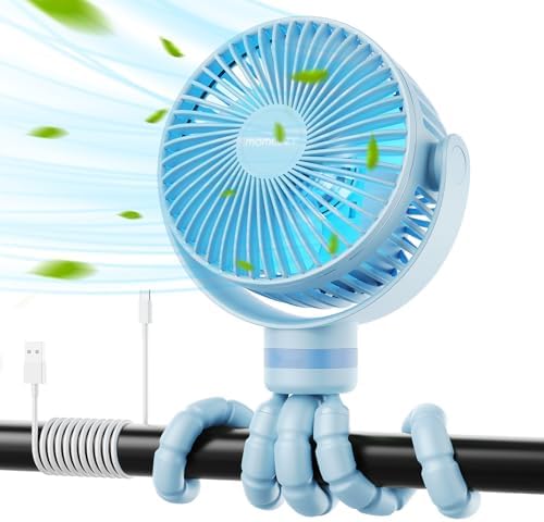 Momcozy Portable Stroller Fan, 27H Ultra-long Battery Life, Detachable 4 Speed 360°Rotate, LED Night Light with 2 Modes, USB Rechargeable and Handheld Cooling Fan for Travel, Car Seat - PuriLite