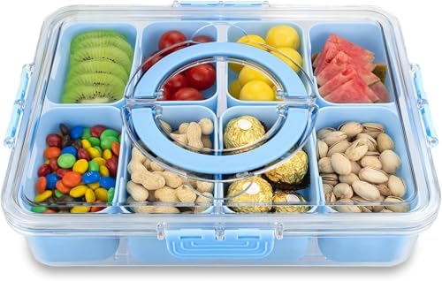 KIGITIONE Snackle Box, Pink 8 Compartments Portable Serving Tray, Divided Snackle Box Container with Lid and Handle, Snack Organizer for Fruits, Snacks, Nuts, Candy, Ideal for Party, Travel & Picnics - PuriLite