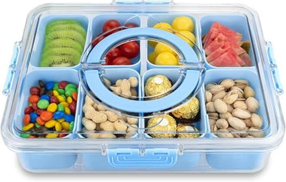 KIGITIONE Snackle Box, Pink 8 Compartments Portable Serving Tray, Divided Snackle Box Container with Lid and Handle, Snack Organizer for Fruits, Snacks, Nuts, Candy, Ideal for Party, Travel & Picnics - PuriLite