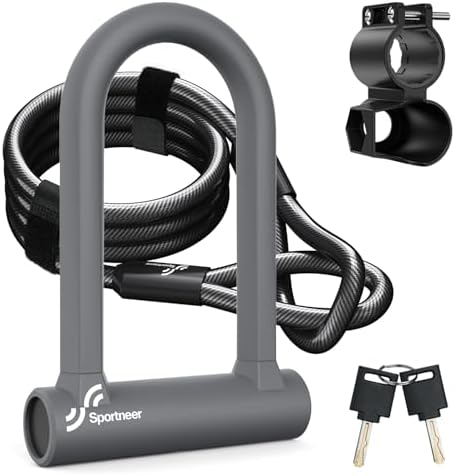 Sportneer Bike Lock: 17mm Heavy Duty Bike U Lock - High-Security Anti-Theft with 12mm x1.5m Steel Cable, 8''x5'' Compact Design, Includes Mounting Bracket for Mountain/Road/Folding/Electric Bikes - PuriLite