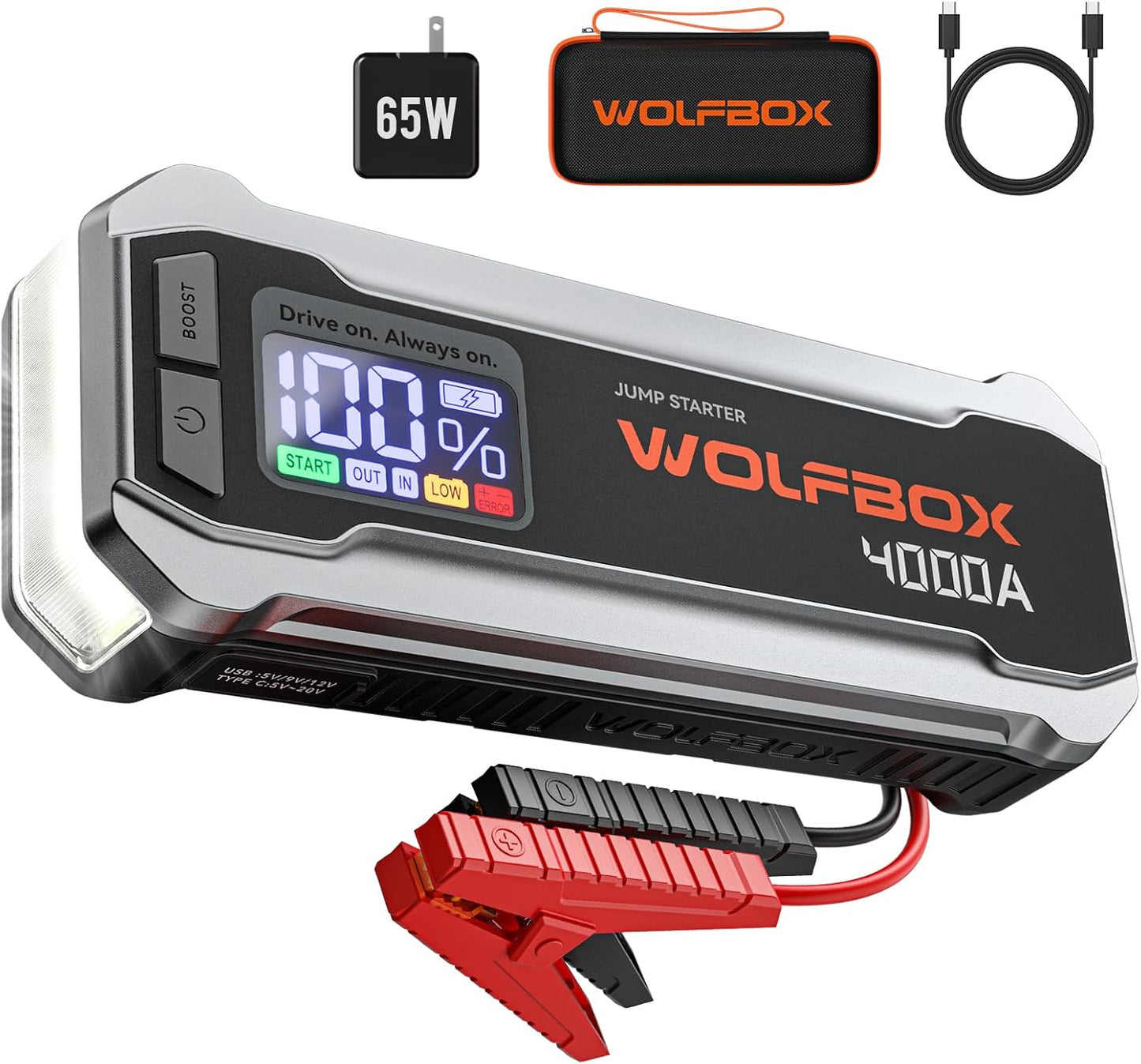 4000A Portable Car Jump Starter 12V Battery Booster with 65W Fast Charging, LED Display, Emergency Light, High-Capacity Power Bank for Gas and Diesel Vehicles - PuriLite