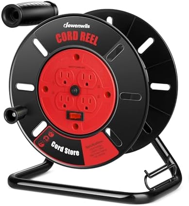 DEWENWILS Extension Cord Storage Reel with 4-Grounded Outlets, Heavy Duty Open Cord Reel for 12/3,14/3,16/3 Gauge Power Cord, Hand Wind Retractable, 10A Circuit Breaker, Rocker Power Switch - PuriLite