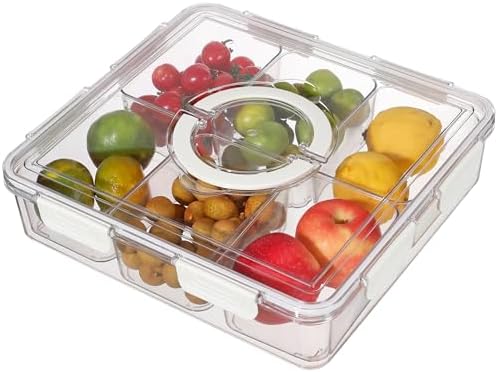 Taiuloo Divided Serving Tray with Lid & Handle, Airtight 6 Compartment Snackle Box Charcuterie Container, Fridge Organizer Bins, Food Storage Container Veggie Tray for Snack, Fruit, Salad, Nut - PuriLite
