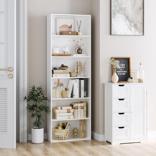 SiliBamb Bookshelf, 6-Tier Open Bookcase, Storage Shelves, Display Storage Shelves, Floor Standing Unit, Home Decor, Furniture for Home Office, Living Room, Bedroom, White - PuriLite