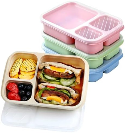 4 Pack Bento Box Lunch Boxes, BPA-Free Reusable Snack Box Containers for Kids Adults, 3 Compartment Meal Prep Containers with Lids, Stackable for School, Work, and Travel (Multicolor-3Compartments) - PuriLite