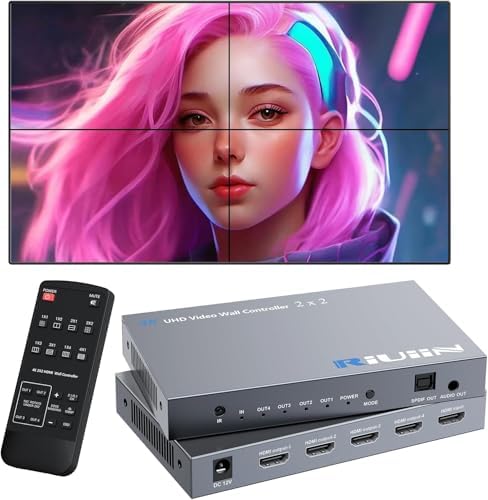 HDMI Video Wall Controller, RIUIIN TV Wall Controller, 4K TV Wall Processor, 180° Rotation, Audio, IR Remote, 2x2,1x2,1x3,1x4,2x1,3x1,4x1, Make 4 tv Screens into Wall Display - PuriLite