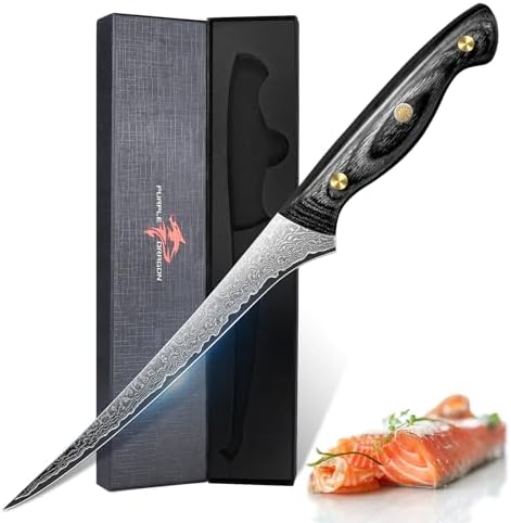 Purple Dragon Damascus Fish Fillet Knife - 7 inch Flexible Boning Knife with VG10 Core, Kitchen Slicing Knife with Full Tang Handle, Birthday Dad Mom Gift - PuriLite