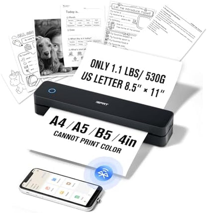 iDPRT Portable-Printer Wireless for Travel, 203DPI Inkless-Small-Thermal-Printer for Home Use, Office, Vehicles, Mobile Bluetooth Printer Supports 8.5" x 11" US Letter&A4&A5, for Smartphone & PC - PuriLite