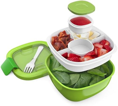 Bentgo Salad - Stackable Lunch Container with Large 54-oz Salad Bowl, 4-Compartment Bento-Style Tray for Toppings, 3-oz Sauce Container for Dressings, Built-in Reusable Fork & BPA-Free (Khaki Green) - PuriLite