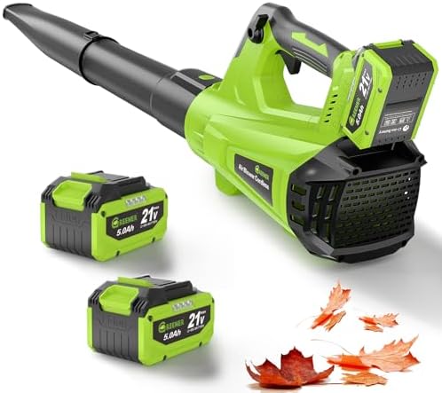 GREENER 21V Leaf Blower Cordless - 460CFM/145MPH Turbo Mode Electric Leaf Blower with 2 X 4.0Ah Battery and Fast Charger Included, Blowing Leaves and Dust, Patio Cleaning - PuriLite