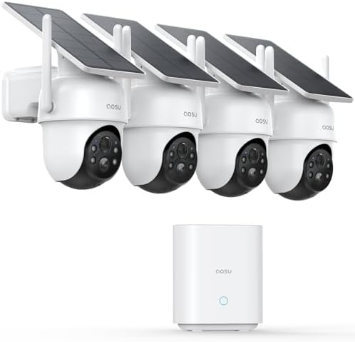 AOSU Security Cameras Outdoor Wireless, 4 Cam-Kit, No Subscription, Solar-Powered, Home Security Cameras System with 360° Pan & Tilt, Auto Tracking, 2K Color Night Vision, Easy Setup, 5G & 2.4G WiFi - PuriLite