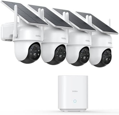 AOSU Security Cameras Outdoor Wireless, 4 Cam-Kit, No Subscription, Solar-Powered, Home Security Cameras System with 360° Pan & Tilt, Auto Tracking, 2K Color Night Vision, Easy Setup, 5G & 2.4G WiFi - PuriLite