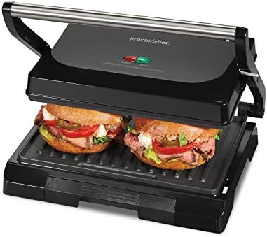 Proctor Silex 4 Serving Panini Press, Sandwich Maker and Compact Indoor Grill, Upright Storage, Easy Clean Nonstick Grids, Black (25440PS) - PuriLite