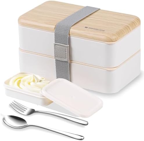 Original Bento Box Lunch Boxes Container Bundle Divider Japanese Style with Stainless Steel Utensils Spoon and Fork (Pink) - PuriLite