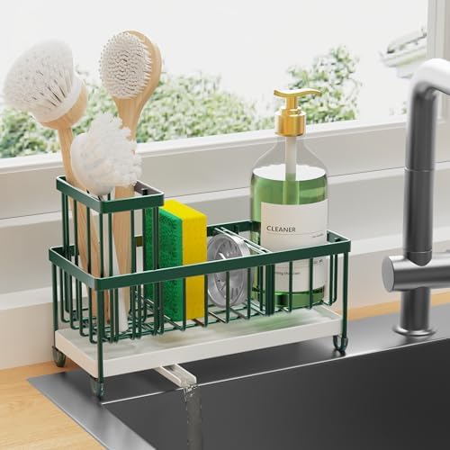 Cisily Sponge Holder for Kitchen Sink, Sink Caddy with High Brush Holder, Organzier Rustproof 304 Stainless Steel Dish Organizer Divider, Soap Dispenser Storage (Black) - PuriLite