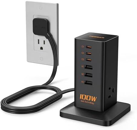 Charging Station, TESSAN 65W Max GaN USB C Charger Block, 6-Ports and 3 AC Outlets Power Tower, Fast Charging for Multiple Devices, Compatible with iPhone, Samsung and More - PuriLite