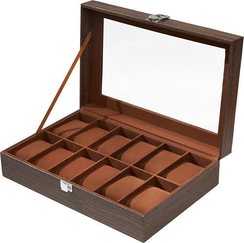 Ohuhu Watch Box Organizer for Men -12 Slot Leather Watch Case with Real Glass Lid Watch Display Case, Watch Organizer Jewelry Storage Box - PuriLite
