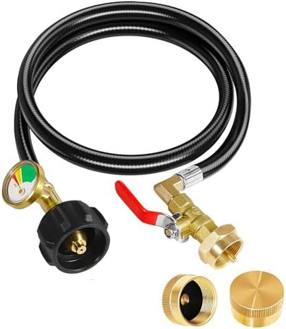 Propane Refill Adapter 20lb to 1lb Camping - 3FT/36inch Stainless Steel Hose with Gauge and ON-Off Control Valve - Fits QCC1 / Type1 Tank, 2 Caps Included - PuriLite