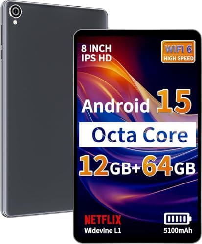 2025 Topsand Android 15 Tablet 8 inch Tablet, Octa-Core Processor, 12GB RAM 64GB ROM 2TB Expandable, 1280 * 800 IPS HD Screen, WiFi6, BT5.4, Widevine L1, 5MP+8MP Dual Camera - PuriLite