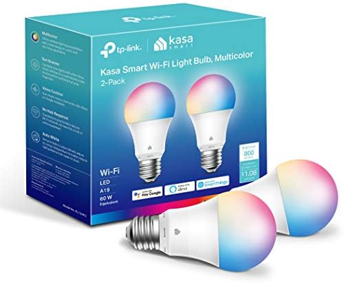 Kasa Smart Light Bulbs, Full Colour Changing Dimmable Smart WiFi Bulbs Compatible with Alexa and Google Home, A19, 9W 800 Lumens,2.4Ghz only, No Hub Required, 2-Pack (KL125P2), Multicolour - PuriLite