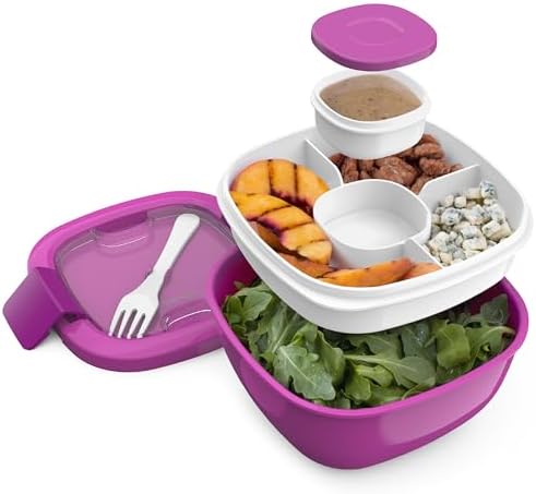 Bentgo Salad - Stackable Lunch Container with Large 54-oz Salad Bowl, 4-Compartment Bento-Style Tray for Toppings, 3-oz Sauce Container for Dressings, Built-in Reusable Fork & BPA-Free (Khaki Green) - PuriLite
