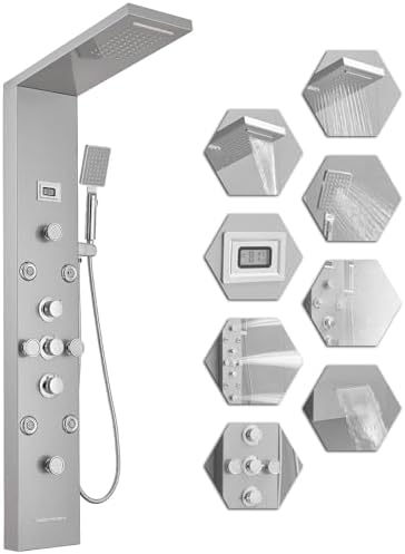 Bathfinesse Shower Tower Bathroom Shower Panel System Rain Massage System 6 in 1 Body Spray Jets Shower Wall Panels Rainfall Waterfall Shower Head Tub Spout with Temperature Display,Matte Black - PuriLite