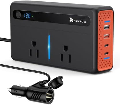 RoyPow 200W Car Power Inverter, DC 12V to 110V AC Power Inverter with Cigarette Lighter Port, Car Plug Adapter Outlet with 3.4A USB-A, QC3.0 24W, PD 30W, PD 36W, Dual AC Outlets, Car Charger Adapter - PuriLite