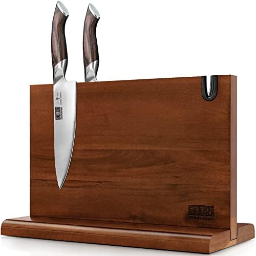 HOSHANHO Magnetic Knife Block 14 x 10 Inches, Double Sided Magnetic Knife Holder Rack for Kitchen Counter, Acacia Wood Magnetic Knife Storage Stand with Knife Sharpener - PuriLite