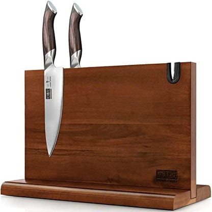 HOSHANHO Magnetic Knife Block 14 x 10 Inches, Double Sided Magnetic Knife Holder Rack for Kitchen Counter, Acacia Wood Magnetic Knife Storage Stand with Knife Sharpener - PuriLite