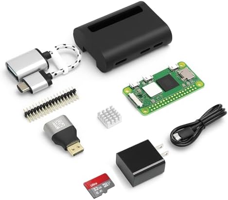 Pi Zero 2 W Base Kit - Includes Official Raspberry Pi Zero 2 W, Aluminum Alloy Mini HDMI to HDMI Adapter, Glossy Black Case, Heat Sink, Color-Coded 20-Pin GPIO Header, and Micro USB OTG Cable - PuriLite