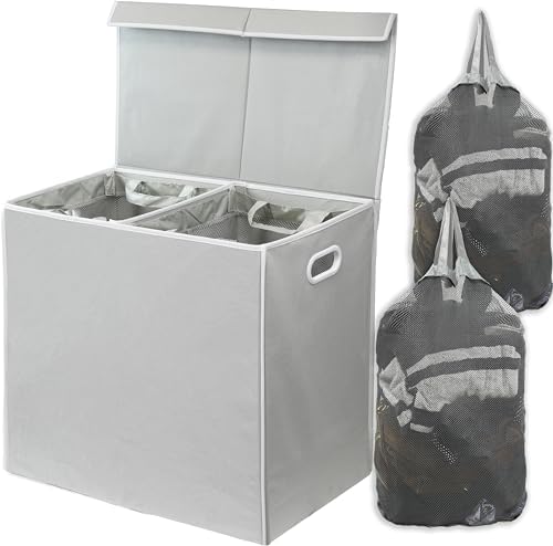 SimpleHouseware Double Laundry Hamper with Lid and Removable Laundry Bags, Beige - PuriLite