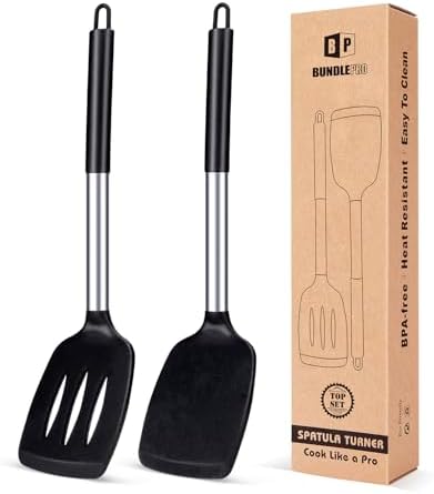 Pack of 2 Silicone Slotted Spatula,Non Stick Solid Kitchen Turner, High Heat Resistant BPA Free Cooking Utensils for Fish, Eggs, Pancakes（Black - PuriLite
