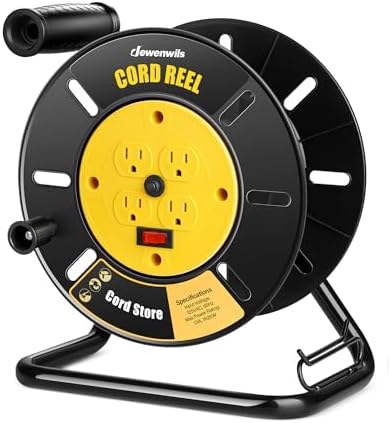 DEWENWILS Extension Cord Storage Reel with 4-Grounded Outlets, Heavy Duty Open Cord Reel for 12/3,14/3,16/3 Gauge Power Cord, Hand Wind Retractable, 10A Circuit Breaker, Rocker Power Switch - PuriLite