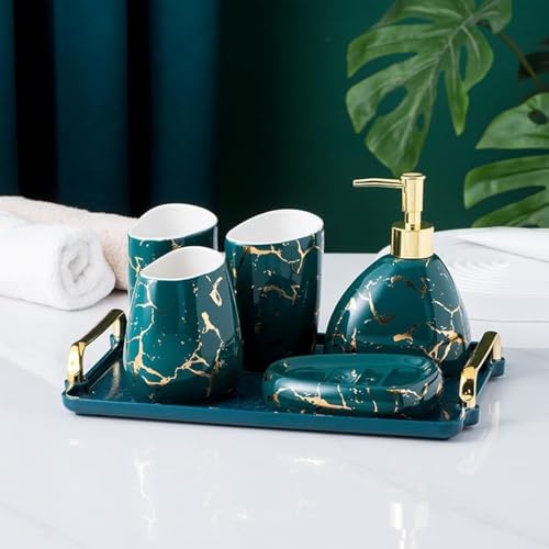 White Bathroom Accessories Set,Modern Countertop Bathroom Decor,Luxury 6 Piece Bathroom Accessory Set,Complete with Soap Dispenser,Toothbrush Holder,Tumbler,Tray - PuriLite