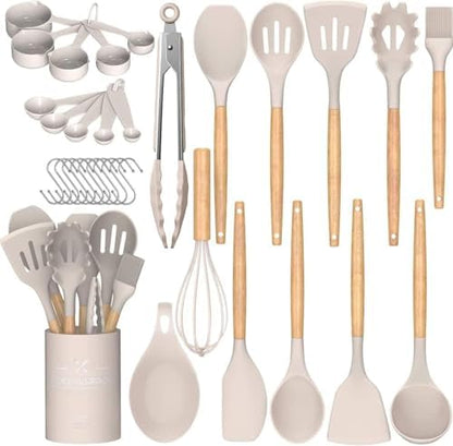 Umite Chef Kitchen Cooking Utensils Set, 33 pcs Non-Stick Silicone Cooking Kitchen Utensils Spatula Set with Holder, Wooden Handle Silicone Kitchen Gadgets Utensil Set (Khaki) - PuriLite