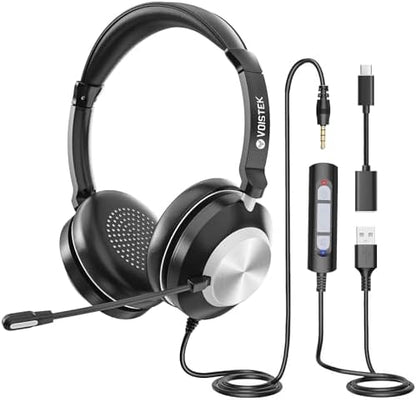 Voistek Computer HeadphonesWired USB C/3.5MM/USB Headset; with Noise Cancelling Microphone & Volume Controls Compatible with PC,Laptop,Mac,iPad,Home,Office,Meeting,Skype,Zoom(882F) - PuriLite