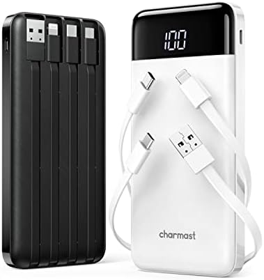 Charmast 2 Pack of Portable Chargers with Built in Cables, 2PCS Slim 10000mAh Travel Essentials Battery Pack 6 Outputs 3A Power Banks for iPhone Samsung Pixel LG Moto iPad (Black + Black) - PuriLite