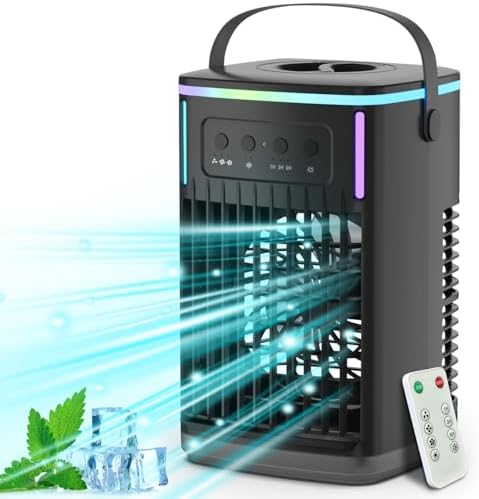 Portable Air Conditioners Fan with Remote, 4-in-1 Portable AC with 1500ml Water Tank, 3 Wind Speeds, 6H Timer, 2 Cool Mist, 7 Lights, Personal Mini Air Conditioner for Room Bedroom Office (Black) - PuriLite