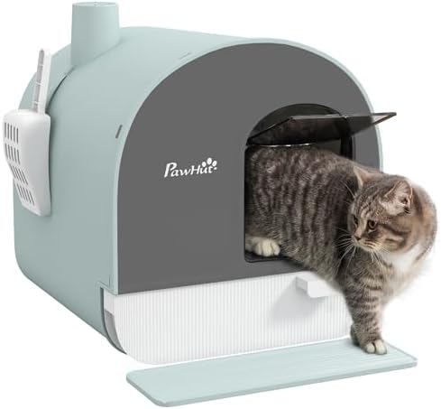 PawHut Large Cat Litter Box with Lid, Enclosed Kitty Litter Box with Slide-Out Tray, Scoop, Filter, Green - PuriLite